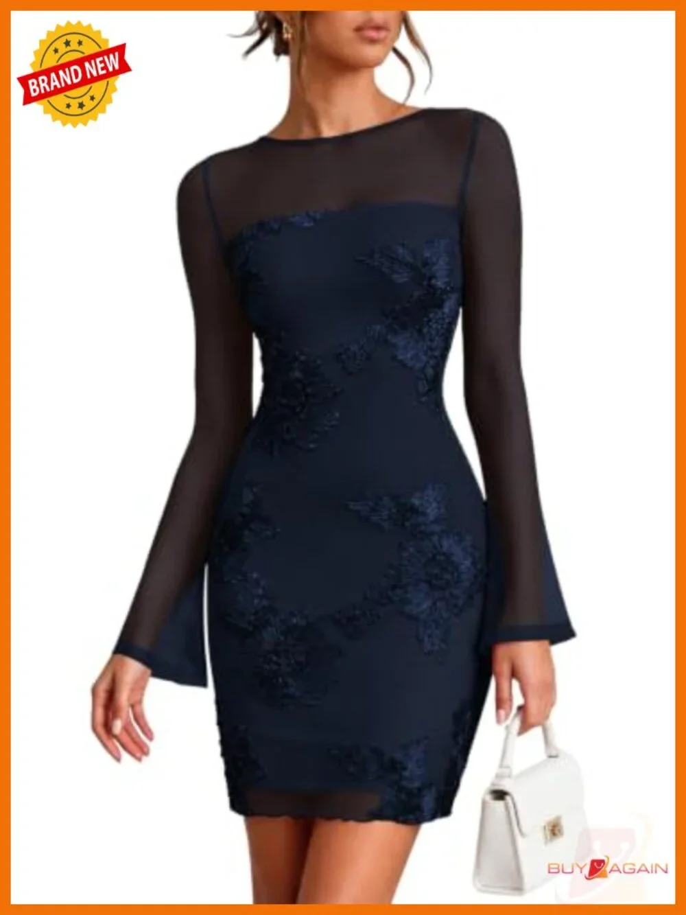 Lazysmile Long Sleeve Floral Mesh Bodycon Dress